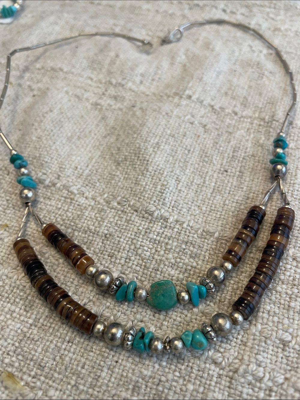 Turquoise and Brown Beaded Women's Necklace - 925 Silver Accents